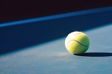 one new tennis ball white agonal line blue hard court light right, shadow copy space left, vintage tone