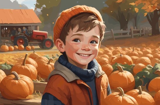 Close-up of a happy boy at the autumn festival at the pumpkin farm. Illustration. Generative AI