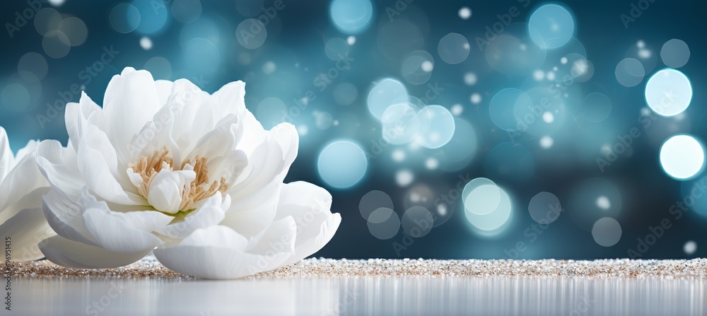 Poster white peony on isolated magical bokeh background with copy space for text placement on left side