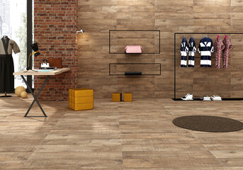 Luxury boutique interior with wooden texture marble walls, black marble with white veins floor. 3D Rendering