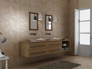 Brown bathroom interior with marble wall, glossy marble floor, double ceramic basins on wooden surface, big mirror. 3D Rendering