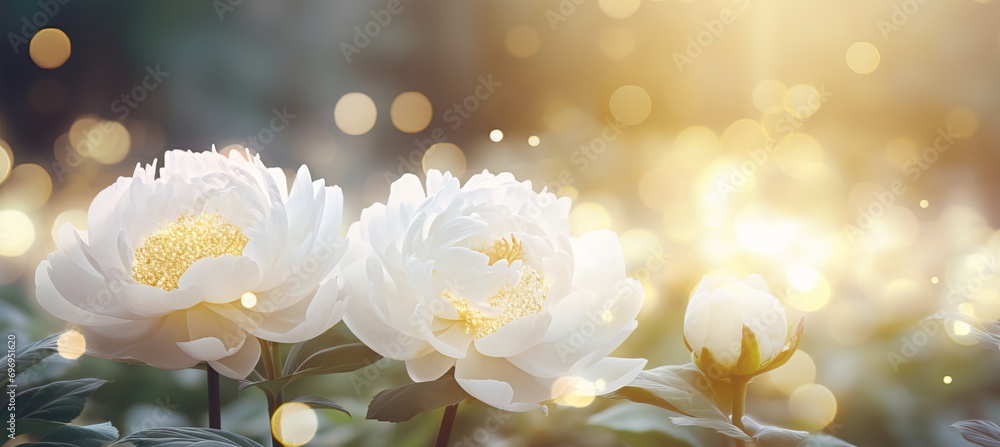 Aufkleber white peony flower on isolated magical bokeh background with copy space for text placement