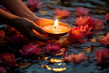 Hands releasing a lighted candle into the water surrounded by flowers