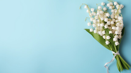pale blue background with a bouquet of lilies of the valley, free space for text