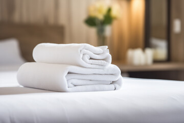 stack of neatly folded white towels on a bed in a hotel room
