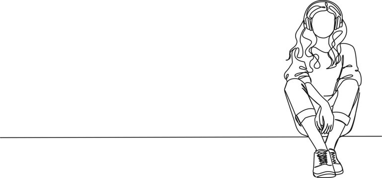 recommend clip art: continuous single line drawing of woman listening to music with stereo headphones, line art vector illustration