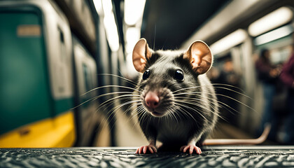 Close-up rat in the subway - Generative AI	 - obrazy, fototapety, plakaty