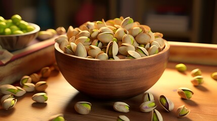 Pistachio nuts in a wooden bowl on a wooden table