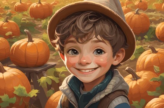 Close-up of a happy boy at the autumn festival at the pumpkin farm. Illustration. Generative AI