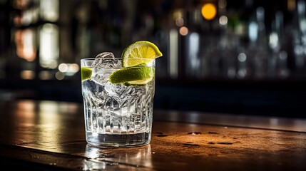 A glass of gin and tonic on a bar table, a popular alcoholic drink