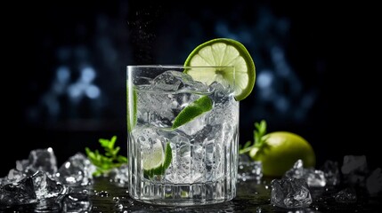 A glass of gin and tonic on a bar table, a popular alcoholic drink