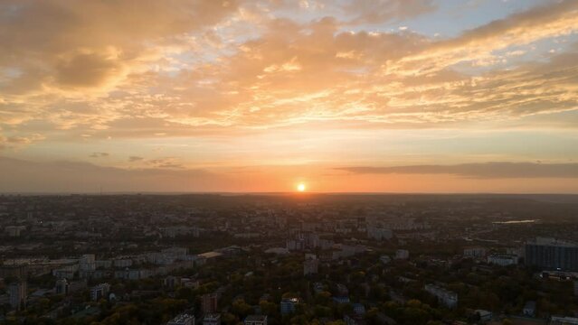 Aerial drone hyperlapse timelapse of sunset above Chisinau. Moldova