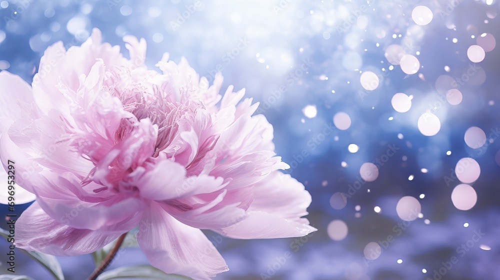 Poster elegant pink peony blossom on enchanting bokeh background with ample copy space for text placement