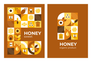 Postcard, poster with bees, honey, honeycombs, hive, flowers. Modern abstract background. Vector illustration of geometric shapes.