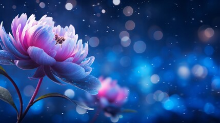 Pink peony blossom on isolated magical bokeh background with copy space for text placement