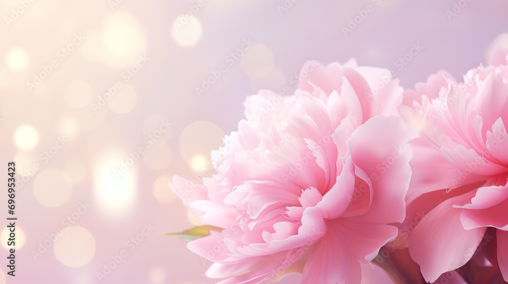Poster pink peony on right, isolated bokeh background with ample copy space for text placement.
