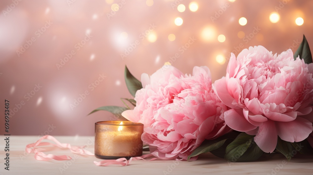 Poster pink peony flower on isolated magical bokeh background with copy space for text placement