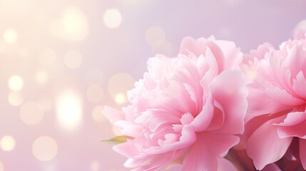 Pink peony on right, isolated bokeh background with ample copy space for text placement.