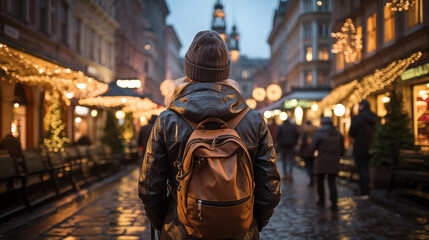 a man with a backpack traveling in Europe, a traveler admires the sights of a beautiful night city. active lifestyle concept.
