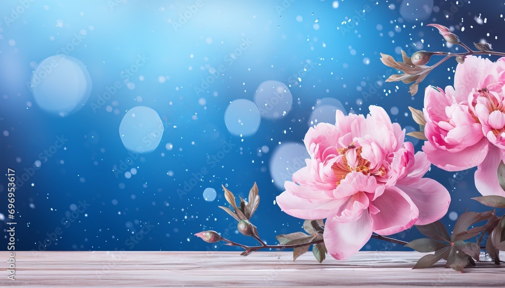 Aufkleber pink peony on right side with magical bokeh background and left side copy space for text.