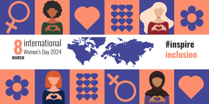  International Women's Day is March 8th. The concept of the #linspire Inclusion 2024 campaign. Women show a hand gesture in the form of a heart. Suitable for banners, flyers, postcards.