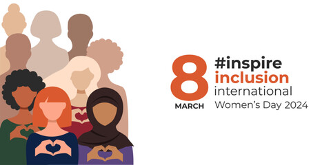 International Women's Day is March 8th. The concept of the #inspire Inclusion 2024 campaign. Women show a hand gesture in the form of a heart. Suitable for banners, flyers, postcards.3 - obrazy, fototapety, plakaty