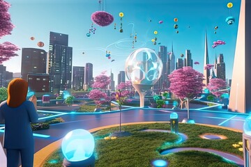 3d render beautiful gital metaverse virtual reality world user avatars buildings nature robots...