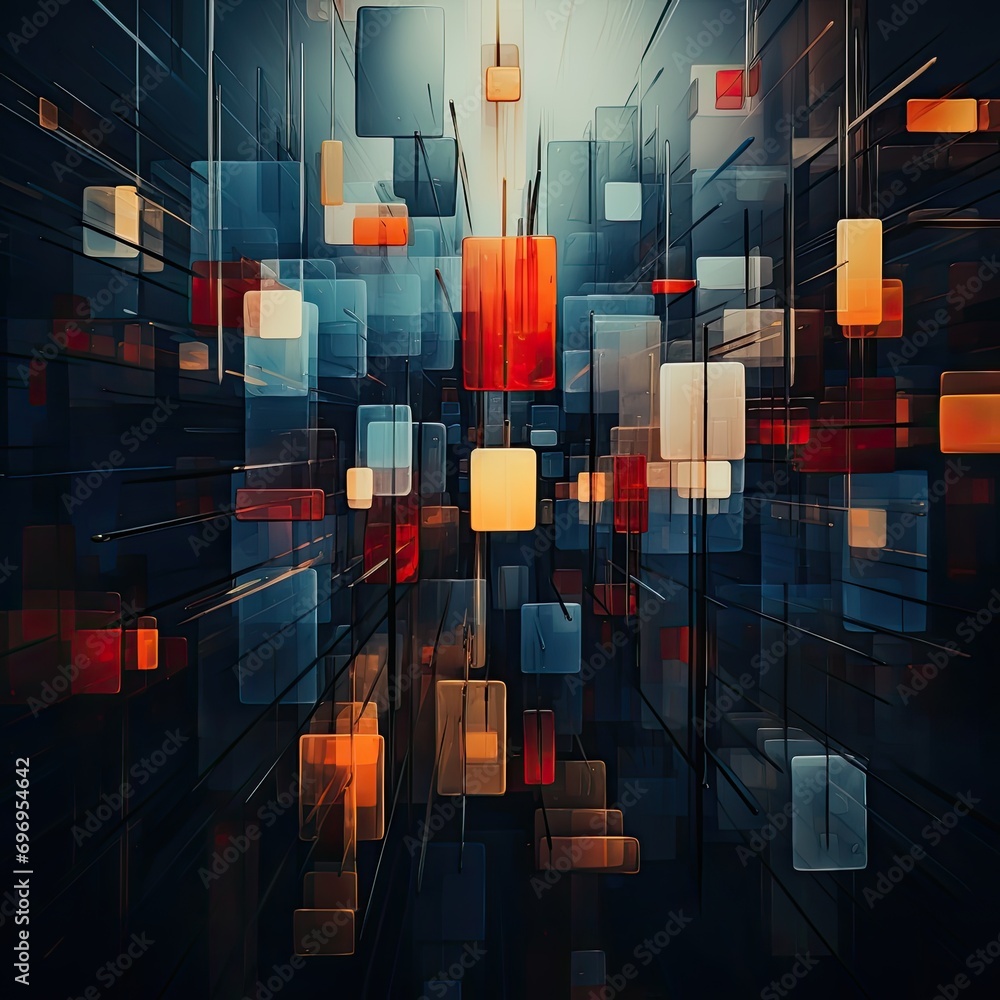 Poster bstract composition of floating geometric shapes in a three-dimensional space, with varying shades of blues, reds, and neutrals that create a sense of depth and perspective