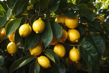 An exquisite and mouth-watering tableau of plump and ripe lemons, their velvety skin radiating with a warm and inviting glow, set against a backdrop of lush green foliage.