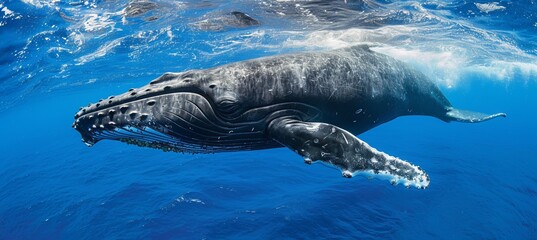 Spectacular humpback whale gracefully gliding through the mesmerizing depths of the majestic ocean - obrazy, fototapety, plakaty