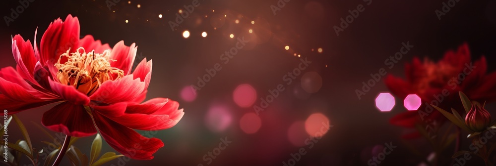 Aufkleber vibrant red peony on isolated magical bokeh background with two thirds of copy space on left side