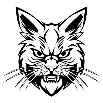 Cat with angry face drawing vector illustration artwork black and white