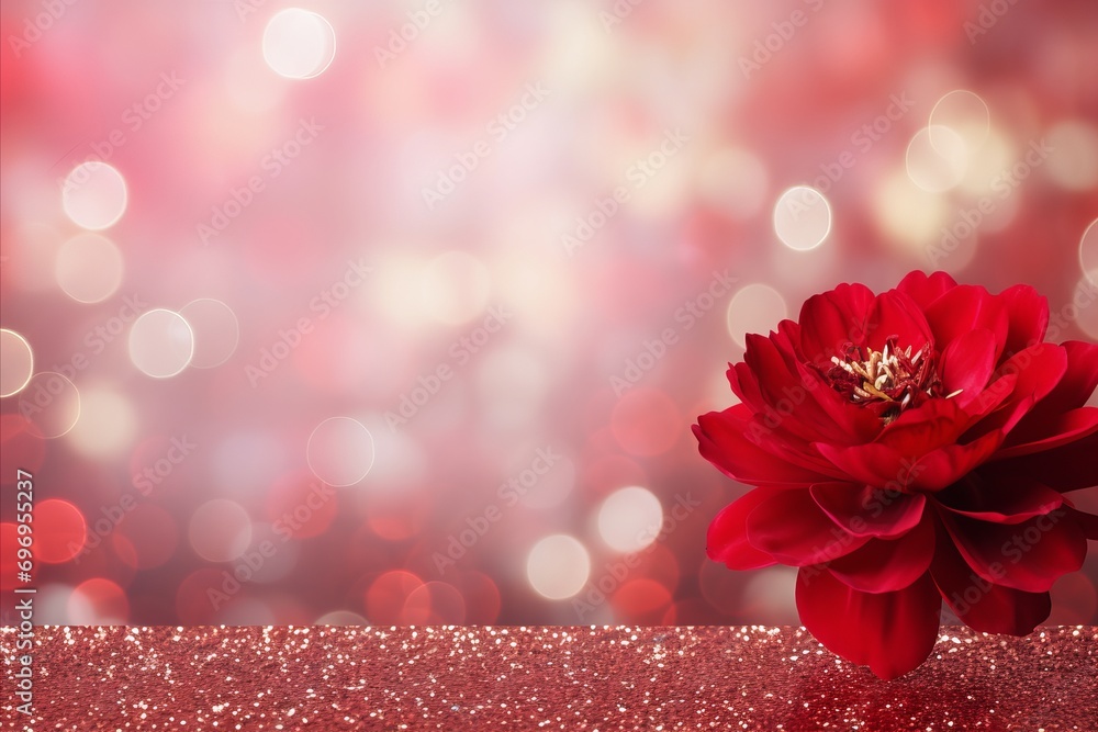 Poster red peony flower on isolated magical bokeh background with ample copy space for text placement