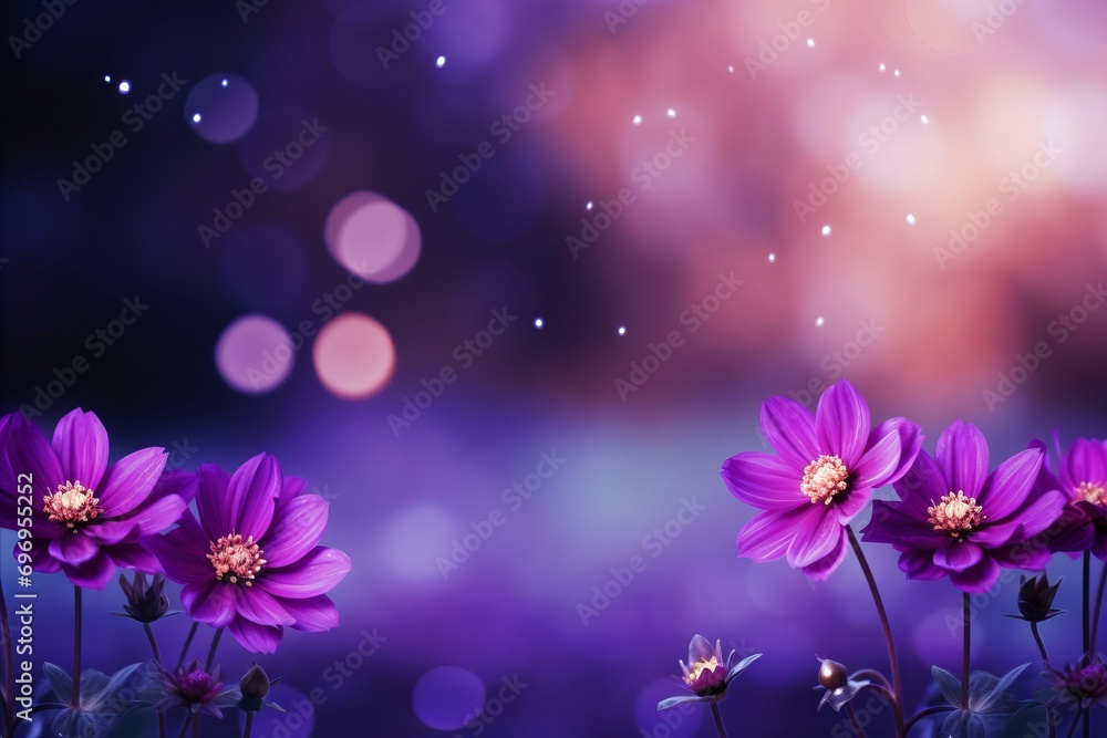 Poster Purple dahlia on right side with magical bokeh background and ample copy space for text on left side