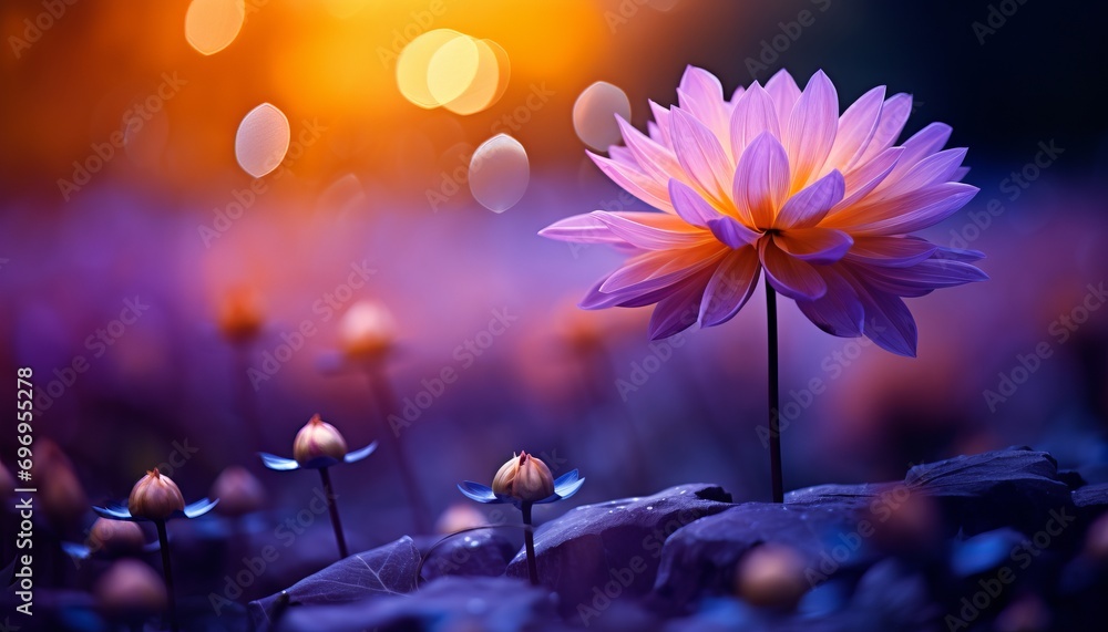 Poster purple dahlia on right side with isolated magical bokeh background and text space on left