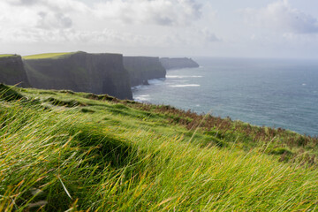 Beautiful landscape of Irish cliffs on a lovely bright day with green grass foreground