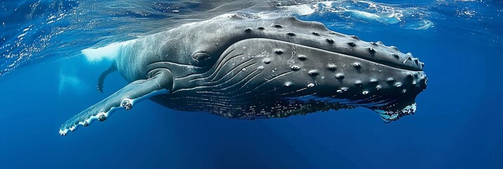 Awe inspiring humpback whale gracefully gliding through the magnificent depths of the ocean - obrazy, fototapety, plakaty