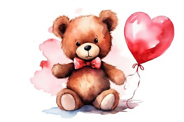 Cute teddy bear with heart-shaped balloon. Watercolor illustration