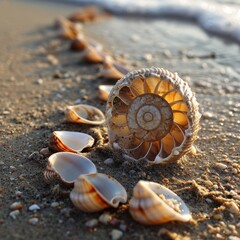 shells on a beach in a spiral pattern