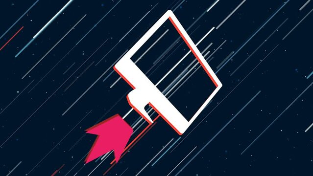 Monoblock symbol flies through the universe on a jet propulsion. The symbol in the center is shaking due to high speed. Seamless looped 4k animation on dark blue background with stars