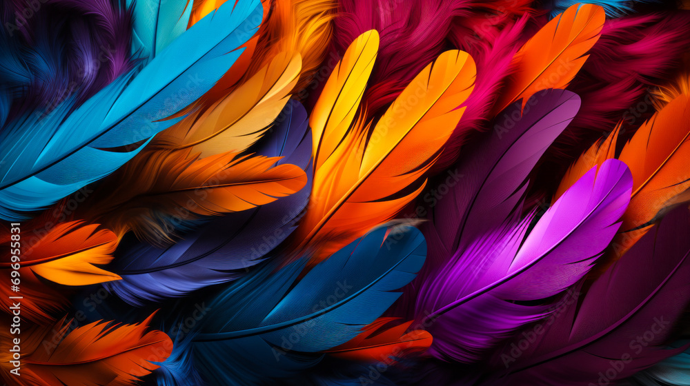 Poster explosion of vibrant multi-colored feathers creating a textured background, symbolizing diversity an
