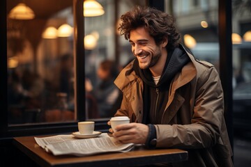 Handsome young man reads the morning newspaper, savoring the aroma of freshly brewed coffee in a cozy bakery on the street corner. - obrazy, fototapety, plakaty