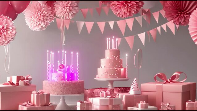 Happy birthday ir happy anniversary two cake with pink decoration blowing candles and balloons rising in the air motion in tink pink background