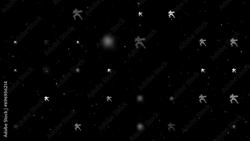 Poster template animation of evenly spaced combat robots of different sizes and opacity. animation of trans
