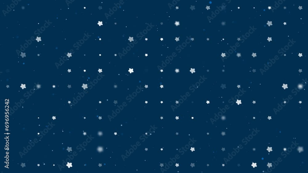 Poster Template animation of evenly spaced forget-me-not flowers of different sizes and opacity. Animation of transparency and size. Seamless looped 4k animation on dark blue background with stars