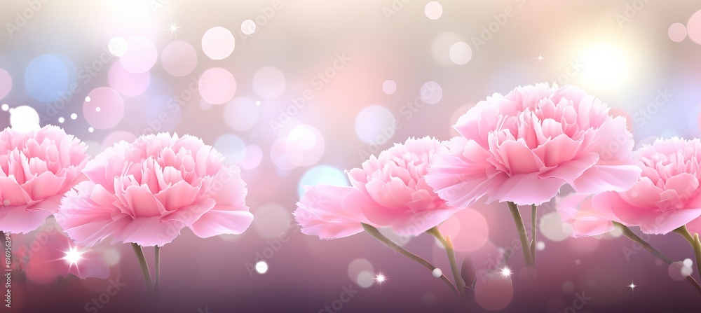 Poster pink carnation on isolated magical bokeh background with copy space for text placement