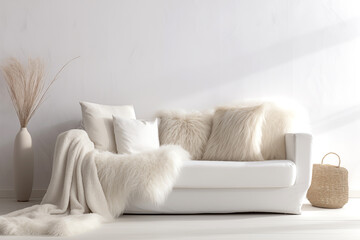 A cozy sofa with a white fluffy sheepskin blanket and pillows against the wall. The modern interior of the living room.