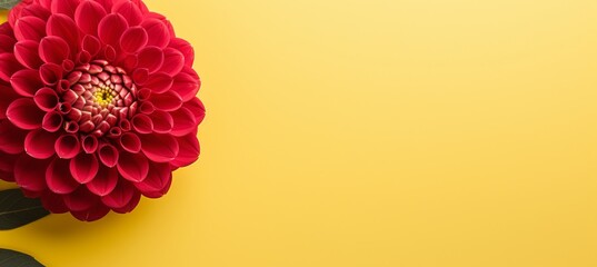 Vibrant red dahlia on yellow background with two thirds empty space for text placement