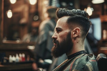 Modern Barbershop Experience: Stylish Haircut for Bearded Customer - obrazy, fototapety, plakaty