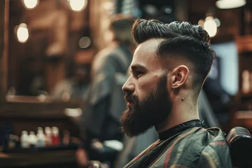 Rolgordijnen Modern Barbershop Experience: Stylish Haircut for Bearded Customer © Nld